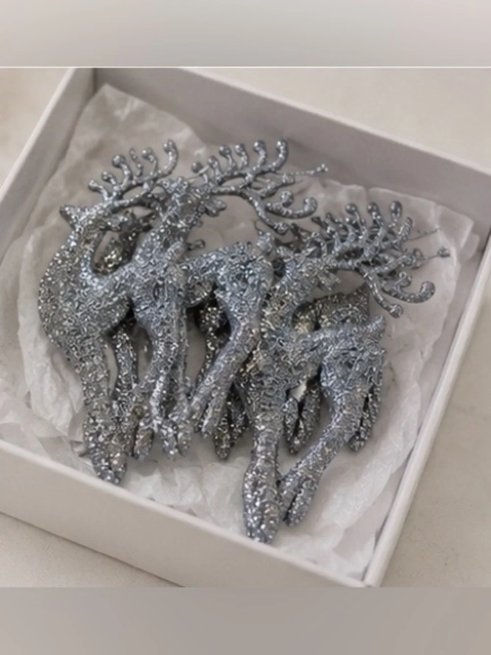 Set of 10 Silver Glitter Reindeer Christmas Ornaments Holiday Tree Decor Winter